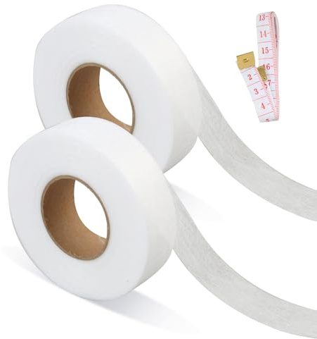 Lunpoem 2 PCS Saumband zum Aufbügeln 64M x 3CM, Weiß mit Maßband, Vliesband Doppelseitig für Textilien, Kantenband Stoff und Bügelband für Kleidung, Kleber für Textilien ohne Nähen, Textilkleber