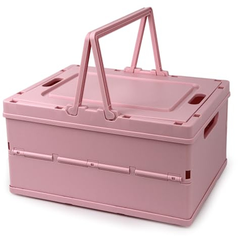 Vivikivi Collapsible Storage Crate,Plastic Storage Box, Pink | Stackable Collapsible Storage Box with Lid, Folding Plastic Basket with Handle for Home Kitchen Office Desk Cabinet Shelf