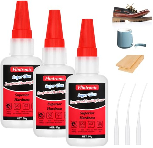Flintronic Superlim, 3 flaskor, 50 g superlim universellt, omedelbart lim med mikrolimspetsar, oljelim, transparent lim på skor, för keramik, trä