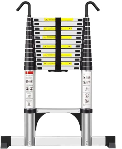 Telescoping Ladder 3.8M Aluminium Loft Ladder, Ladders Extendable | Max Load 150kg/330lb, Portable Folding Ladder with Stabilizer Bar, Detachable Hooks and Non-Slip Feet for Roof Attic Caravans