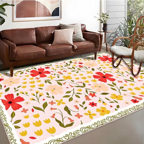 RUGMRZ Kuschel Flurteppiche 140x200cm,Rosa,Blumenmuster für Neben Couch,Gaming Zimmer,Neben Bett