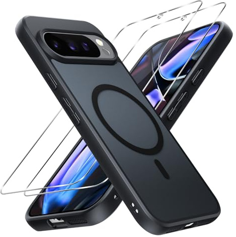 Pnakqil Magnetica Cover per Google Pixel 9 Pro XL Custodia e 2 Pellicole in Vetro Temperato, [Compatibile con MagSafe], Traslucida Opaca Posteriore Sottile Antiurto Protettiva Case, Nero