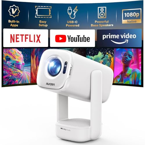 Aurzen D1 air Smart Beamer mit Netflix, USB-C-Aufladung, Native 1080P | Beamer Outdoor mit HDR10 & 4K-Unterstützung, 16W Dolby Audio, WLAN & Bluetooth, TOF-Autofokus, Trapezkorrektur, Weiß