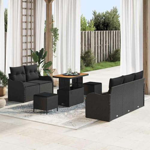 Hoopleep Gartensofa-Set 8-teilig, Schwarz Poly-Rattan mit Kissen, Höhenverstellbarer Tisch für Terrasse & Outdoor, Modulare Loungemöbel Akazienholz wetterfest
