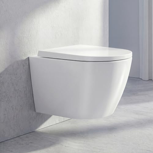 Hysail Hänge WC Spülrandlos – Wand WC mit leiser & wassersparender 360° Wirbelspülung, WC Sitz mit Absenkautomatik, aus hochwertiger Keramik in edler Optik, ideal für Bad & WC, 49,5 cm (Weiß)