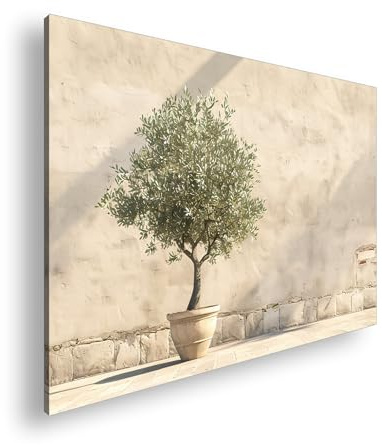 Farbenhorizont Leinwandbild Mediterraner Innenhof mit Olivenbaum, warmes Sonnenlicht Format: 100x70cm XXL Wandbild auf Keilrahmen/Kunstdruck/Bild Wohnzimmer Dekoration