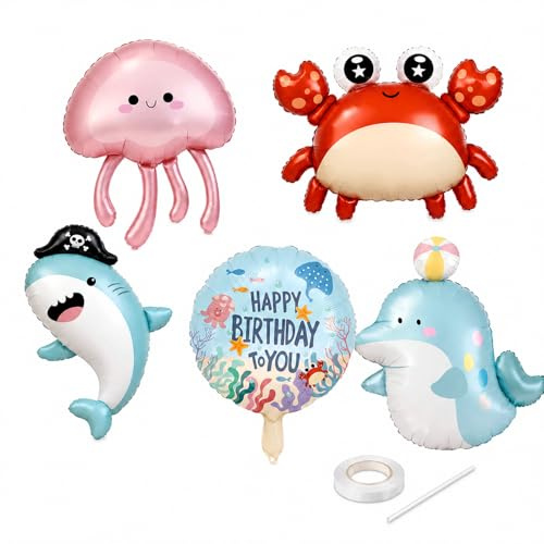 Catelves 5er Ozean Folienballons Set, Meerestiere Luftballons Hai Delfin Qualle Krabbe Happy Birthday Ballon, Unterwasserwelt Deko Kindergeburtstag, Meer Party Deko Jungen Mädchen Geburtstag