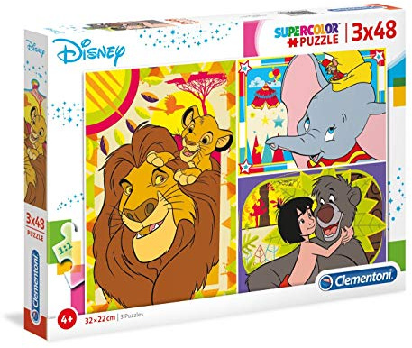 Clementoni 25236 Supercolor Disney Classic – Puzzle 3 x 48 Teile ab 4 Jahren, buntes Kinderpuzzle mit besonderer Leuchtkraft & Farbintensität, Geschicklichkeitsspiel für Kinder