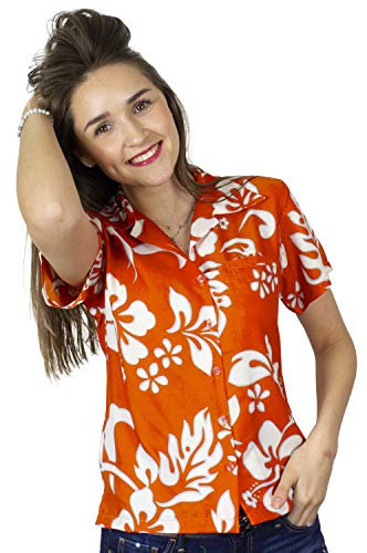 King Kameha Funky-Hawaii-Bluse-Hemd, Herren, Kurzarm, Hibiscus, Orange, S
