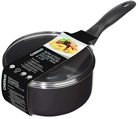 Chef Aid Sauce Pan, 18 cm Aluminium Pan with Glass Lid and Stay Cool Handle, Built in Ventilation Steam Vent, for Use on Electric and Ceramic Hobs, Black