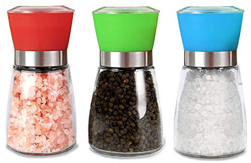 NO Salt and Pepper Grinder Set, Pack of 3, Salt and Pepper Grinders Mill Refillable, Glass Body Salt and Pepper Shakers, Ceramic Mills with Adjustable Coarseness(Red Green Blue)