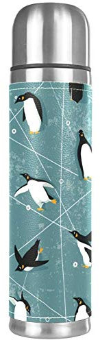 Doppelwandige Isolierflasche Trinkflasche Thermoskanne mit Pinguin-Motiv, auslaufsicher, 480 ml