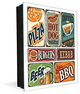Schließfach aus Stahl für die Schlüsselaufbewahrung und rahmenloses magnetisches Whiteboard K10 Retro Essen Poster