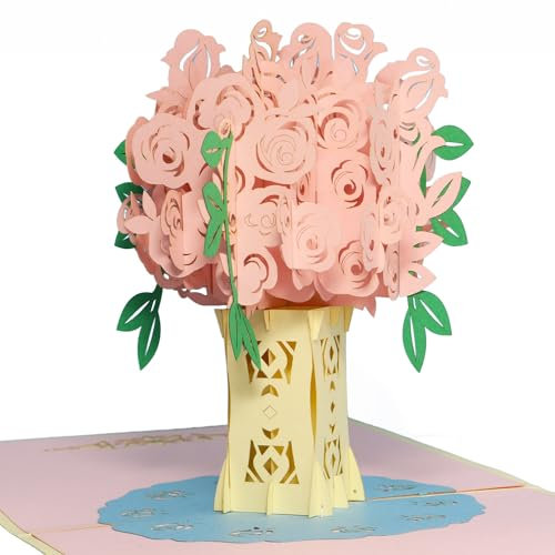 LIN17659, POP UP Karte - Rose - rosa Blumen-Strauss - 3D Geburtstags-Karte Muttertag Hochzeit - Gruß-Karte mit Rosen-Motiv - Klapp-Karte - Rosa Rosen, N385