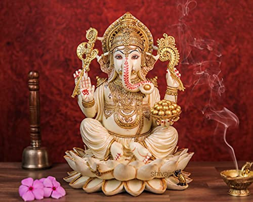 SHIVAJI ARTS Ganesha Statue 31cm Groß Handgemalt Staub Marmor Lord Ganesha Idol auf Lotus Ganapati Vinayaka Hinduistisches Glücksgeschenk für Neuanfang