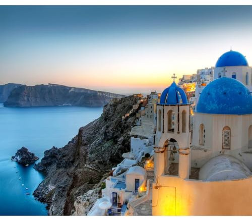decomonkey Fototapete selbstklebend Landschaft 392x280 cm Selbstklebende Tapeten Wand Fototapeten Tapete Wandtapete klebend Klebefolie Griechenland Santorin Berge Architektur Ozean Aussicht