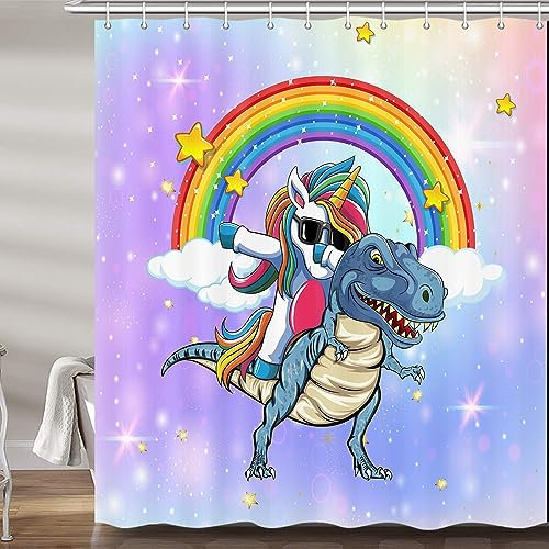MERCHR Duschvorhang mit niedlichem Einhorn reitender Dinosaurier, für Kinderbadezimmer, lustiger Cartoon-Regenbogen, Fantasie, Galaxie, Weltraum, Stoff-Duschvorhänge-Set, Jungen und Mädchen, WC-Dekor,