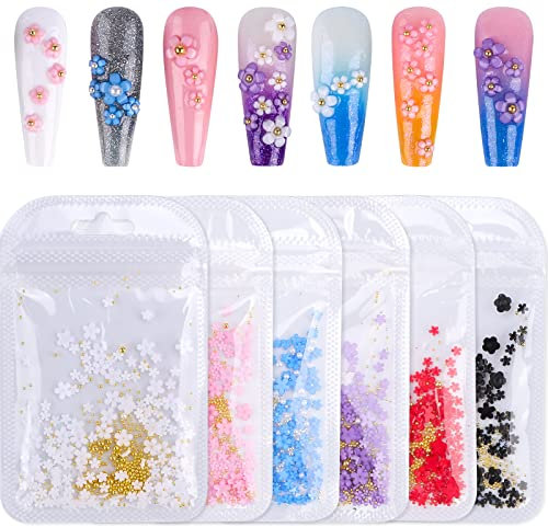 Kalolary 3D Flower Nail Charms, Flower Nail Art Decoration Nail Art Rhinestones Five-Petal Flower Ornaments Nail Art Jewelry Nail Gems Nail Accessories for Women Girls DIY Nail Design (6 Bags)