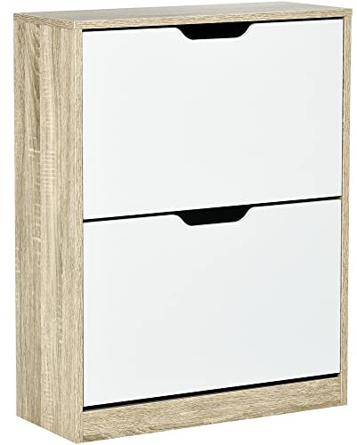 HOMCOM Armario de Zapatos Zapatero de Madera con 2 Puertas Abatibles 4 Estantes de Almacenaje Capacidad de 8 Pares para Entrada Pasillo Dormitorio 62,5x26x81 cm Blanco y Natural
