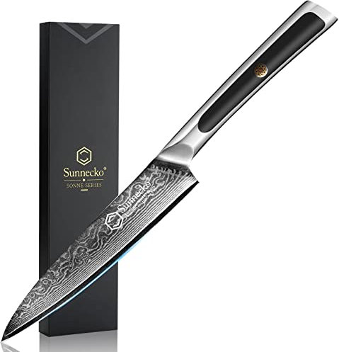 Sunnecko Damast Allzweckmesser Kochmesser 13cm Profi Damast Küchenmesser, 67 Schichten Damastmesser Scharf Gemüsemesser Schälmesser mit Ergonomischer Griff Sonne Serie