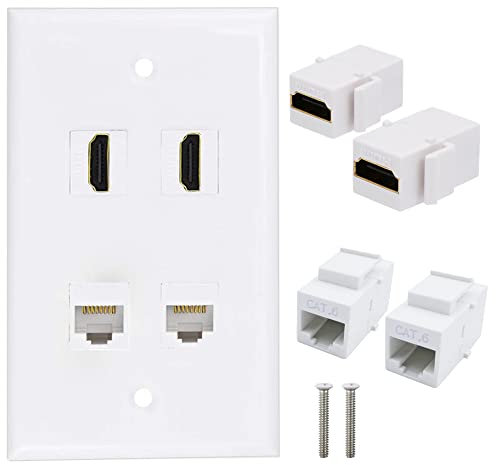 Halokny 2 x HDMI Keystone Jack + 2 x Cat6 RJ45 Ethernet Wall Plate, 4Port Outlet Face Plate, White