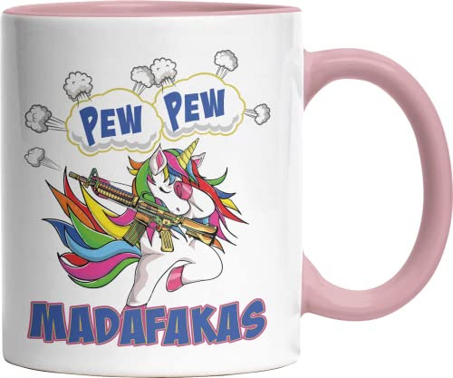 Pew Pew Madafakas Einhorn witzig bedruckte Kaffeetasse Lustige Sprüche Tasse zweifarbig altrosa