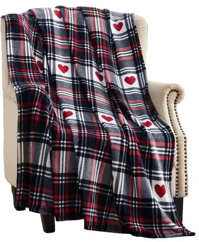 Serafina Home Spring Love Fleece-Überwurfdecke: Rot, Schwarz, Weiß, kariert mit roten Herzen, Mikrofaser-Samt, Akzent für Couch, Sofa, Stuhl, Bett oder Wohnheim