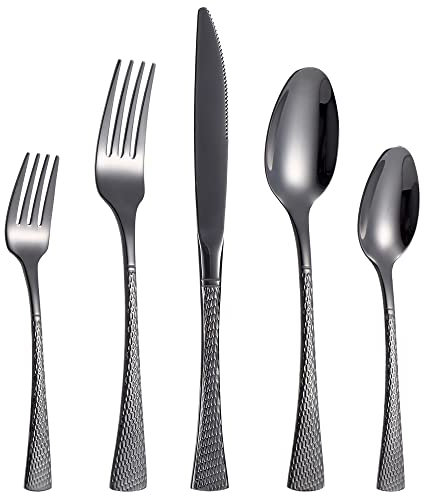 CISAY Juego de cubiertos para 6 personas, 30 piezas, acero inoxidable, incluye cuchillo, tenedor/cuchara, pulido espejo, apto para lavavajillas (negro)