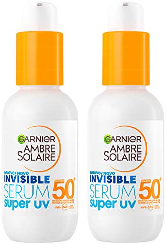 Garnier Ambre Solaire Invisible Serum Super UV Gesichtsserum SPF 50+ Sehr hoher Sonnenschutz UVA UVB Formel mit Keramid mit Schutz gegen städtische Verschmutzung - 2 Flaschen à 30 ml