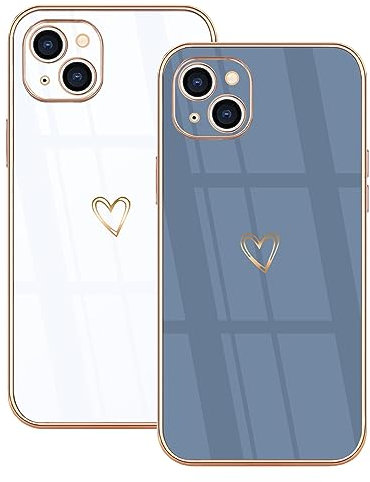 Lonrapa 2 Stück iPhone 14 Handyhülle Süße Herz Muster Motiv Hülle für Mädchen Frauen Farbe Galvanisierte Weich TPU Bumper Silikon Stoßfest Schutzhülle iPhone 14 6,1 Zoll Phone Case Cover - Weiß & Blau