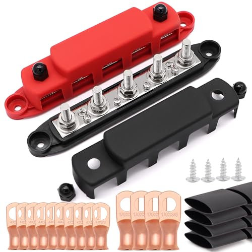 Taxutor 12v Bus Bar 5 Post 300A Power Distribution Block 5/16 Battery Terminal Block Stud with Cover and Wire Lugs