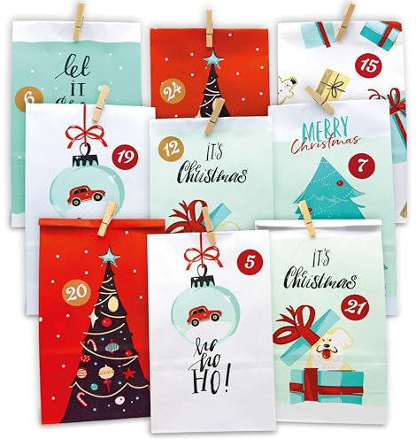 HAGEFOL® Adventskalender zum Befüllen, Extra Groß und Blickdicht, 24 Tüten+1, 24 Zahlen Kleber, 24+1 Holzklammern, Papiertüten selber befüllen, für Kinder, Weihnachtskalender 2024, 27,5cm x 15cm x 8cm