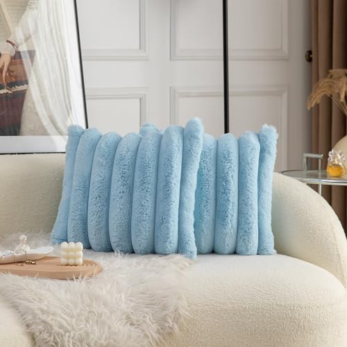 Neelvin 2er Set Plüsch Kissenhülle Kunstpelz Gemütliche Weiche Gestreifte Dekorative Kissenbezug Kissenbezüge Dekokissen Zierkissenbezug Sofakissen Blau 45x45 cm für Sofa Schlafzimmer
