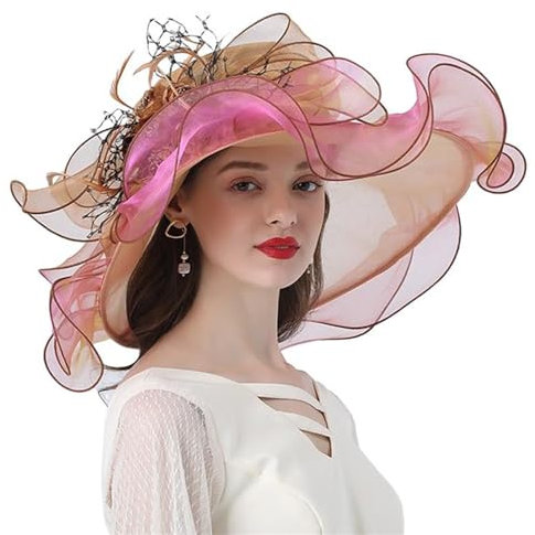GIBZ Lussuosi Cappelli Fascinator Organza da Donna Tesa Large con Fiore Cappello da Sole Anni '20 per Tea Party Matrimonio Chiesa, Oro Rosa