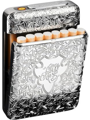 Zigarettenetui mit Feuerzeug Zigarettenbox Elektronisches Integriertem Flammenlose Feuerzeug Aufladbar 16 Stück 84mm King Size Zigaretten Zigarettenschachtel Silbrig