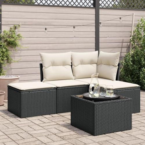 ULUYYUC 5-TLG. Garten-Sofagarnitur, Gartenstühle Fußhocker Schlafsessel Mit Bettfunktion Eckbank Küche Geeignet für Garten Hinterhof Balkon Außenbereich mit Kissen Schwarz Poly Rattan