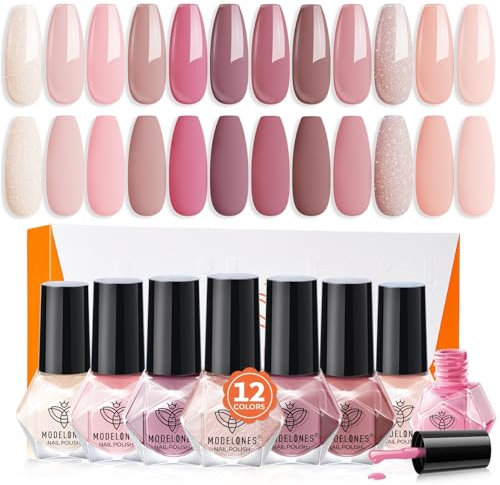 modelones Nagellack 12 PCS, Nagellack Schnelltrocknend Nude Glitzer Rosa Orange, Nagellack Ungiftig Auf Wasserbasis, Langanhaltender Nagellack für DIY Salon Geschenk für Frauen Mädchen
