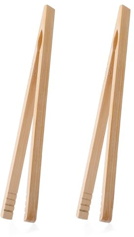 Sibba Natural Toast Tongs 2 Pcs Bamboo Anti Slip Long Fruits Grips Bread Tweezer Kitchen Clips Cooking Utensils Portable Wooden Tongs for Salad Pasta Grilling Pickles Pan Fried Steak