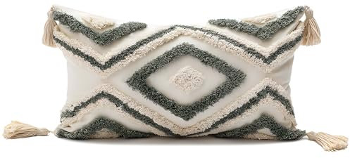 YULUOSHA Dekorative Boho Kissenbezug,Boho Kissen Beige Deko Baumwolle Dekokissen Marokko getuftete Kissenhülle Kissenbezüge Quaste für Sofa Schlafzimmer Wohnzimmer Dekor (1, grün, 50 x 30 cm)