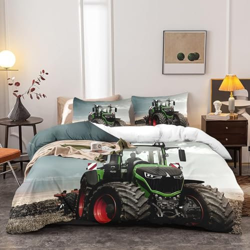 Yzehomijia Bettbezug Traktor 200×200cm, Traktor Bettwäsche Set Traktor für Kinder, 1 Mikrofaser Bettbezug + 2 Kissenbezüge 65x65 cm (T4×200)