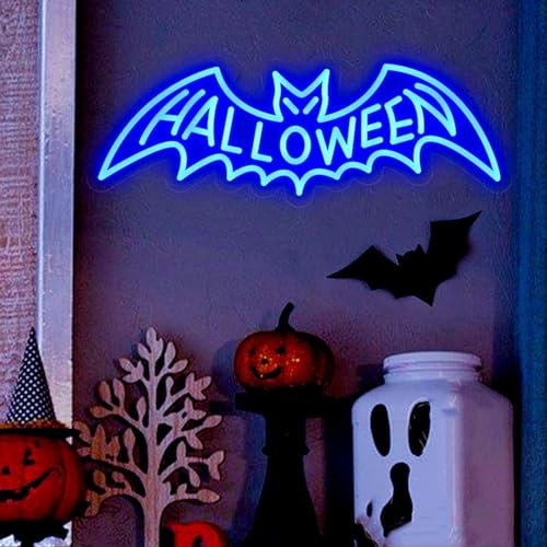 LED Fledermaus Neonschild, Arcylic Halloween Bat Leuchtschilder, Leuchtreklame Banner mit dimmbarem Schalter und Kette zum Aufhängen für Halloween, Schreibtisch, Tisch, Kamin, Bar, Partydekoration