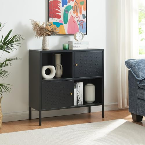 [en.casa] Kommode Janakkala Sideboard mit 2 Schranktüren 80 x 35 x 80 cm Wohnzimmerschrank Schwarz Buffetschrank Metall TV Schrank