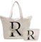 Personalizadas Bolso Tote de Mujer con Inicial, Bolsa de lona con Bolsillo Interior, Bolsa de Compras con Bolso de Cosméticos, Regalos para Damas Mejor Amigas Mamá, Regalo Cumpleaños Navidad R