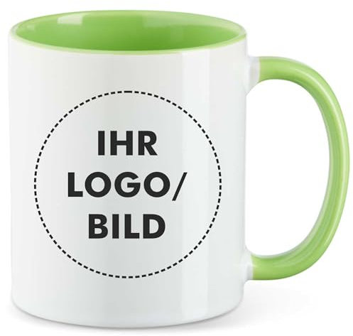 Kiwistar - 25 tazas de cerámica – verde claro – Taza – con logo impreso – 330 ml con logotipo de la empresa – Diseño impreso – Taza con foto – Taza promocional – Taza de café con logo