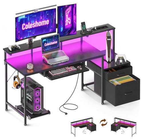 Coleshome Scrivania Gaming con LED e Prese, 140x48cm Scrivania con 2 Cassetti, Tavolo Computer Reversibile con Supporto Monitor e Vassoio per Tastiera Ufficio Casa, Nero