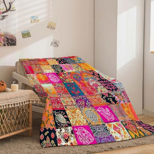 Kuscheldecke Druck Traditionelle Indische Muster Weiche Flanelldecke, Weiche Warme Für Kinder Erwachsen 150 x 200 cm Decke für Schlafzimmer, Sofa Passend für Alle Jahreszeiten Bunt