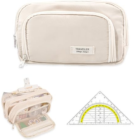 YUZHEDM Federmäppchen mit 3 Schichten 21cm*7cm*13cm Federmäppchen Groß Kapazität Mäppchen Aesthetic Schulmäppchen Federschachtel Kawaii Pencil Case Organizer Kommt mit Dreieckslineal(Beige)