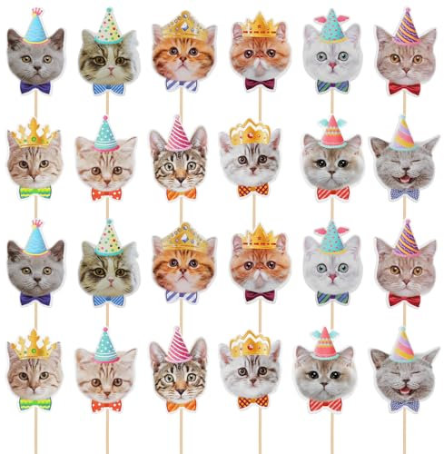 24 Stück Süß Katze Tortendeko Geburtstag,Katzen Geburtstag Deko mit Stab, Lustige Cupcake Topper,Cupcake Party Deko für Kinder Pet Birthday Party