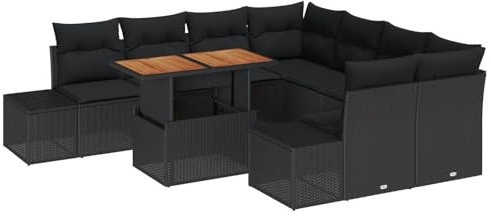vidaXL 9-teiliges Garten-Essgeschirr mit Kissen Schwarz Poly Rattan Akazie Outdoor Sofa Tisch Platz für 8 Personen 4-Sitzer Liebesbank Sitzgruppe