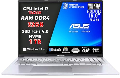 ASUS VivoBook Pc Portatile, Notebook i7 13620H, RAM DDR4 32Gb, SSD 1Tb PCI-e 4.0, DISPLAY IPS WUXGA 16,0 FULL HD, Computer Portatile Laptop con Tastiera Retroilluminata, Fingerprint 16 Pollici